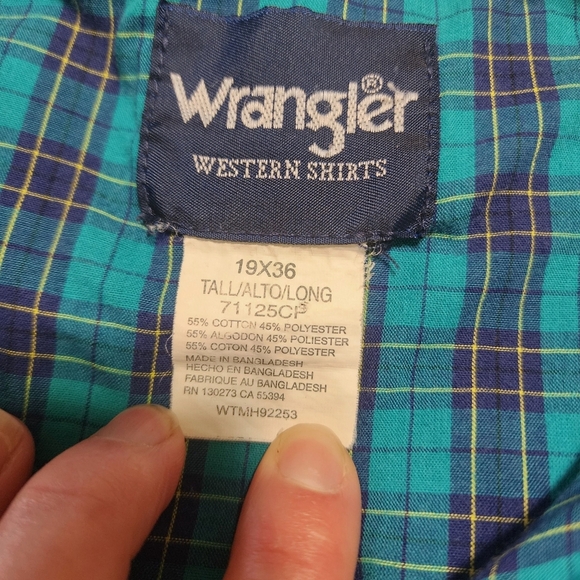 Wrangler‎ Men's Pearl Snap Plaid Western Shirt | 19x36 Tall | Teal, Blue, Yellow - Picture 4 of 6